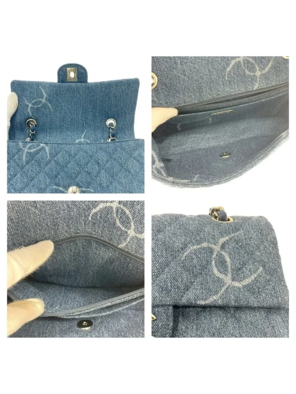Chanel Quilted Denim Print Chain Shoulder Bag Blue